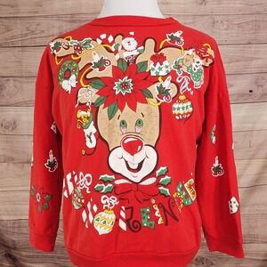 Vintage Reindeer Christmas AOP Sweatshirt Mens XL Red Crewneck Fleece USA